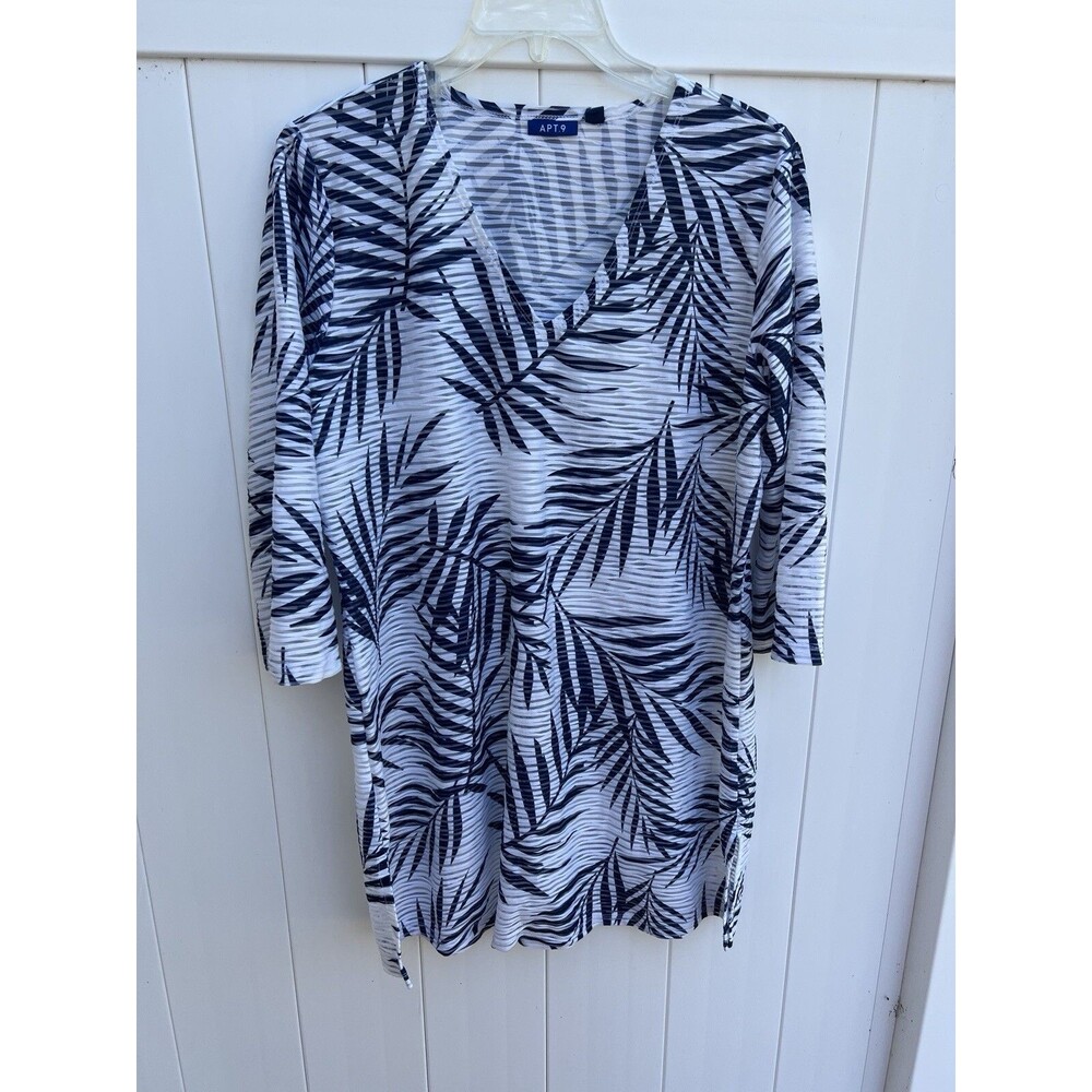 Apt. 9 XXL White Blue Floral Sheer Top Tunic 3/4 Sleeve Cover Up